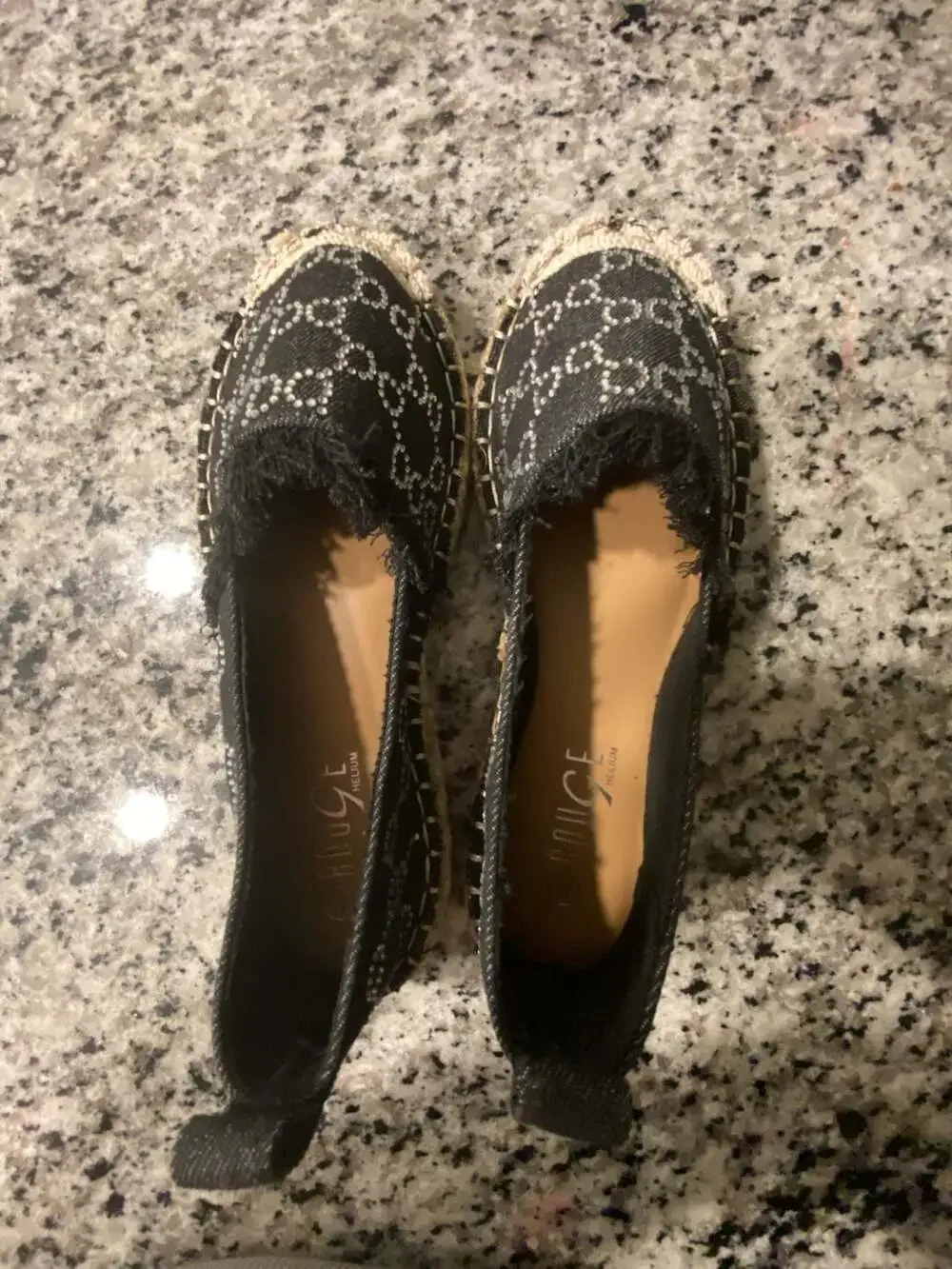 Rouge Helium Rhinestone Logo Pattern Black Denim Espadrille Flats